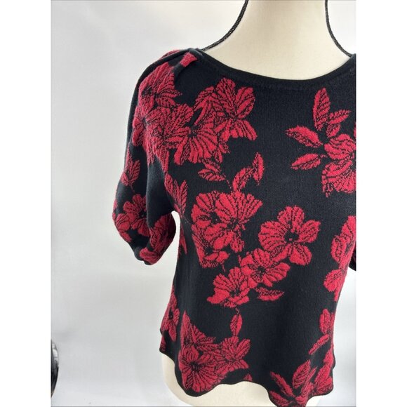 Liz Claiborne Womens Size S Black Red Floral Sweater Puff Sleeve Knit Top - Picture 2 of 6